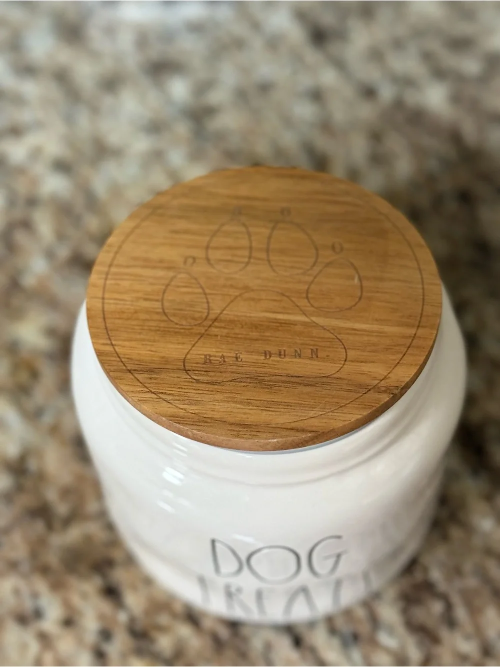 Rae Dunn White Ceramic Dog Treats Canister with Bamboo Lid